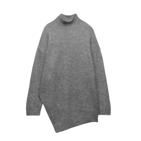 ZARA Long Asymmetrical Knit Soft Cozy Gray Long Turtleneck Sweater S - Picture 1 of 7
